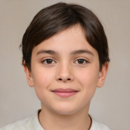 Joyful white child female with short  brown hair and brown eyes