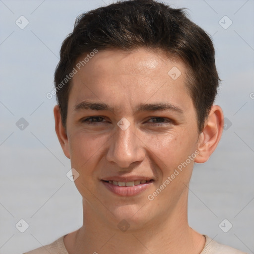 Joyful white young-adult male with short  brown hair and brown eyes