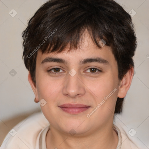 Joyful white young-adult male with medium  brown hair and brown eyes