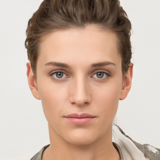 Neutral white young-adult female with short  brown hair and brown eyes