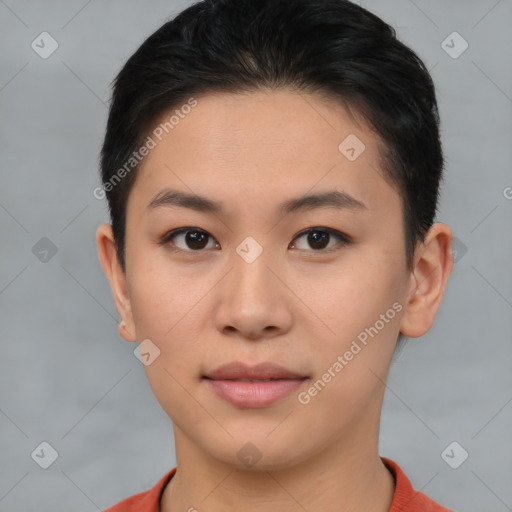 Joyful asian young-adult female with short  brown hair and brown eyes