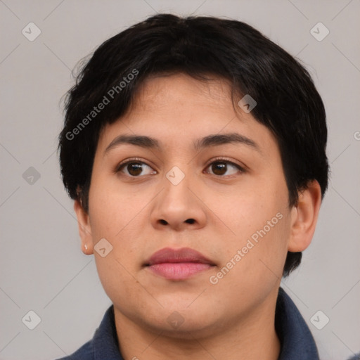 Neutral asian young-adult female with short  black hair and brown eyes