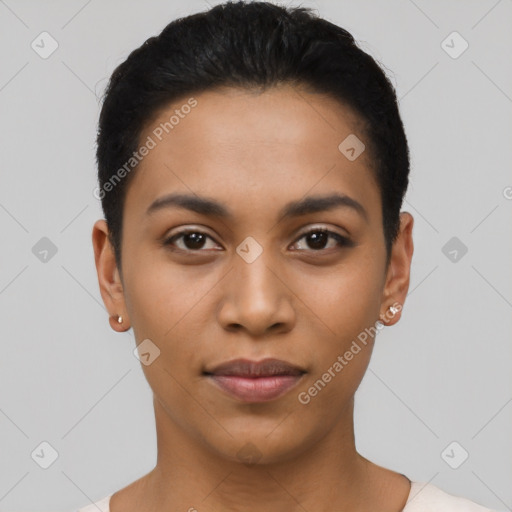 Joyful latino young-adult female with short  black hair and brown eyes