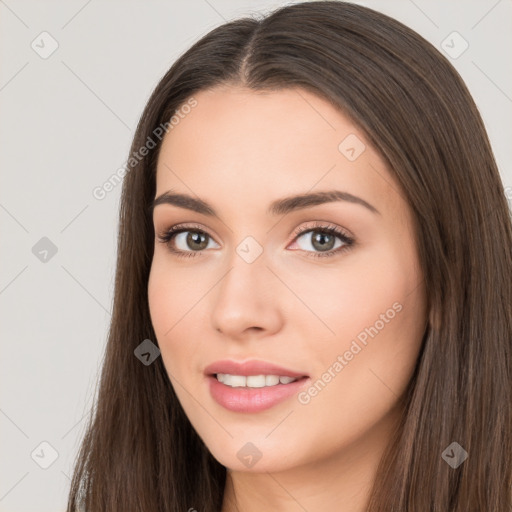 Neutral white young-adult female with long  brown hair and brown eyes