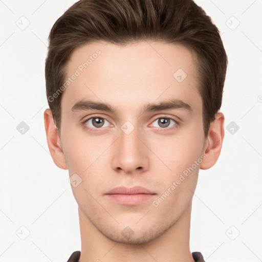 Neutral white young-adult male with short  brown hair and brown eyes