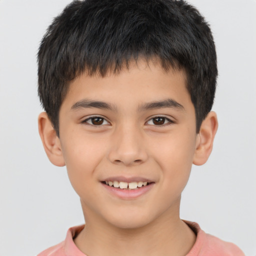 Joyful asian child male with short  brown hair and brown eyes