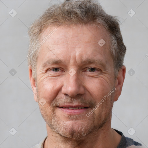 Joyful white middle-aged male with short  brown hair and brown eyes