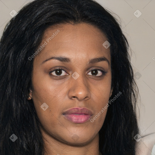 Joyful asian young-adult female with long  brown hair and brown eyes