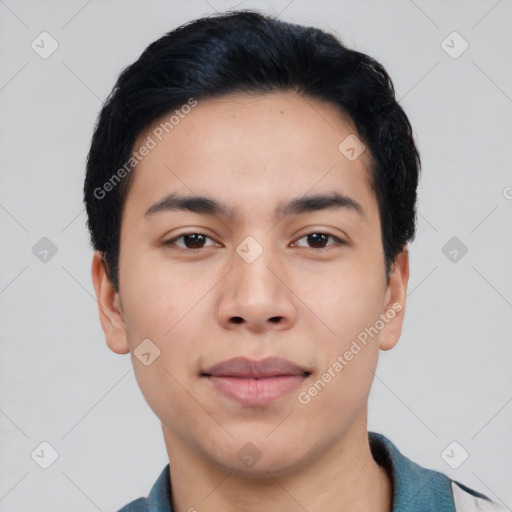 Neutral asian young-adult male with short  black hair and brown eyes