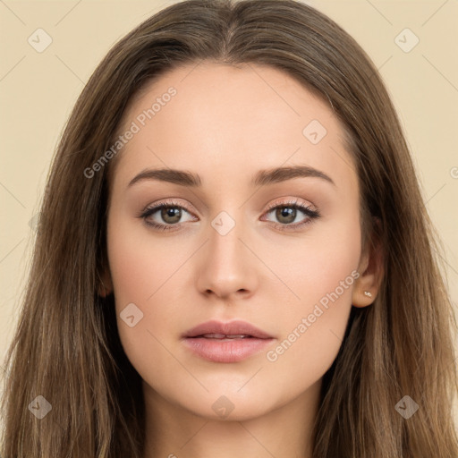 Neutral white young-adult female with long  brown hair and brown eyes