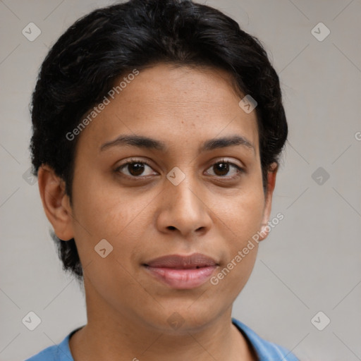 Joyful latino young-adult female with short  brown hair and brown eyes