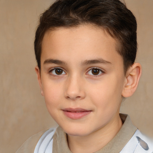 Joyful white child female with short  brown hair and brown eyes