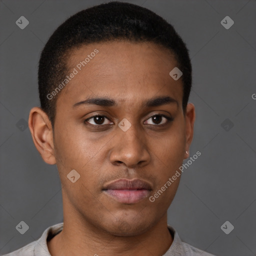 Neutral latino young-adult male with short  brown hair and brown eyes