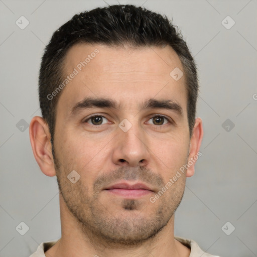 Neutral white young-adult male with short  brown hair and brown eyes