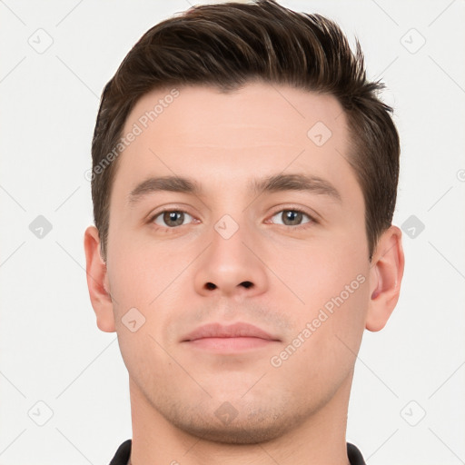 Neutral white young-adult male with short  brown hair and brown eyes