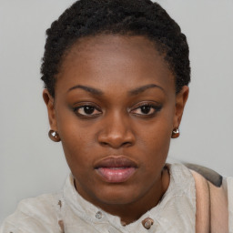 Neutral black young-adult female with short  black hair and brown eyes