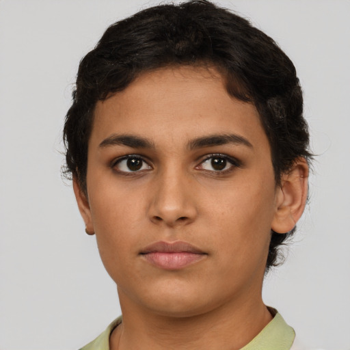 Neutral latino young-adult female with short  brown hair and brown eyes