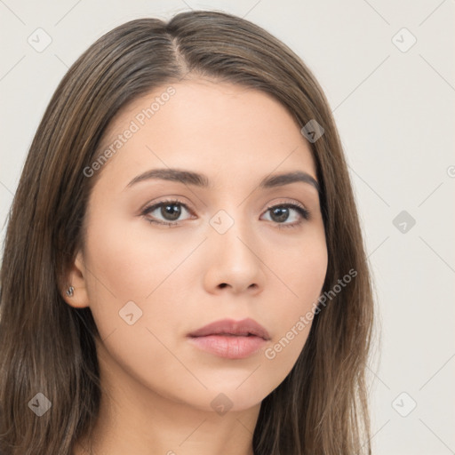 Neutral white young-adult female with long  brown hair and brown eyes