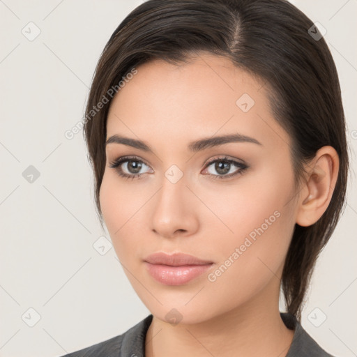 Neutral white young-adult female with medium  brown hair and brown eyes