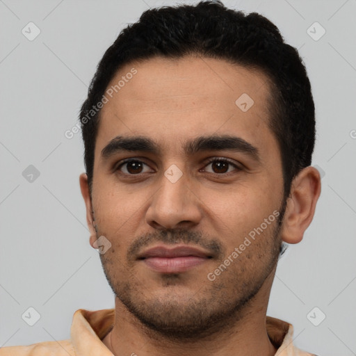 Neutral latino young-adult male with short  black hair and brown eyes