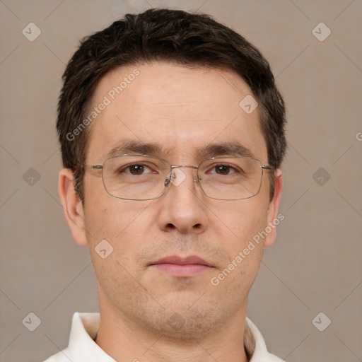 Neutral white adult male with short  brown hair and brown eyes