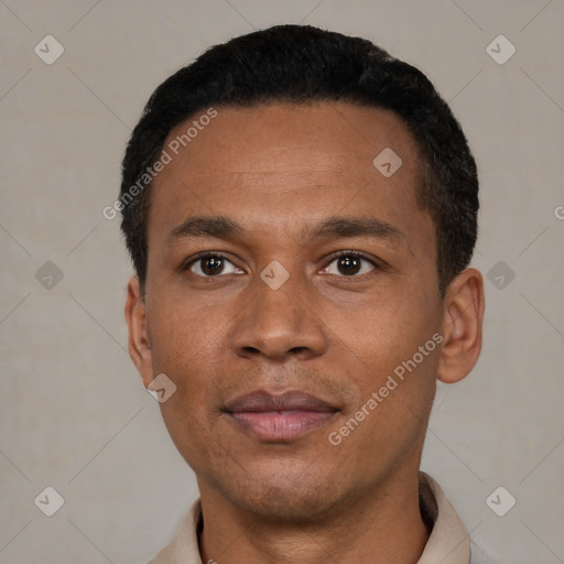 Neutral latino adult male with short  black hair and brown eyes