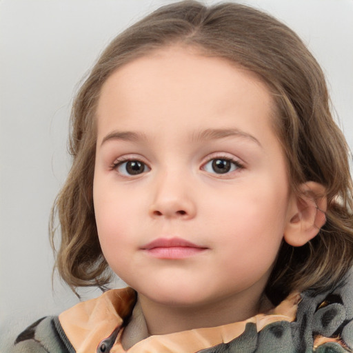 Neutral white child female with medium  brown hair and grey eyes