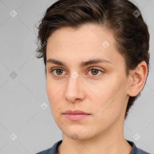 Neutral white young-adult female with medium  brown hair and brown eyes