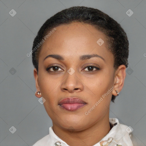 Joyful latino young-adult female with short  brown hair and brown eyes