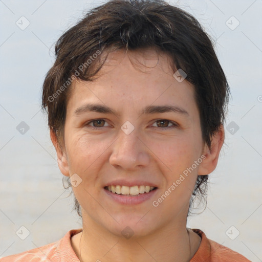 Joyful white young-adult female with short  brown hair and brown eyes