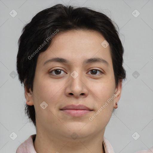 Neutral asian young-adult female with short  brown hair and brown eyes