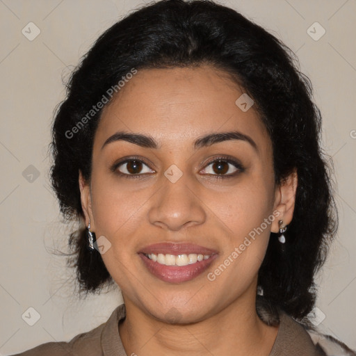 Joyful latino young-adult female with medium  black hair and brown eyes