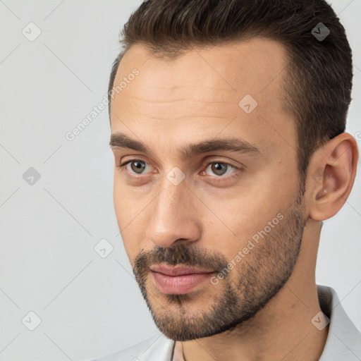 Neutral white adult male with short  brown hair and brown eyes