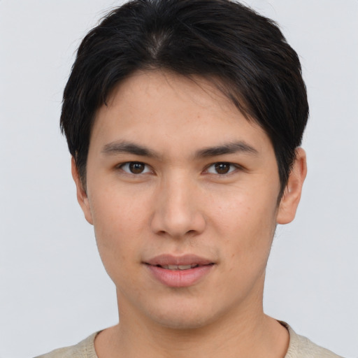 Neutral asian young-adult male with short  brown hair and brown eyes