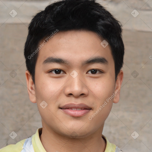 Joyful asian young-adult male with short  black hair and brown eyes