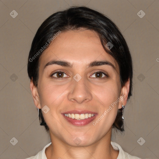 Joyful white young-adult female with medium  brown hair and brown eyes