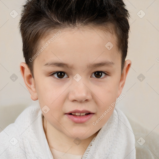 Joyful white child female with short  brown hair and brown eyes