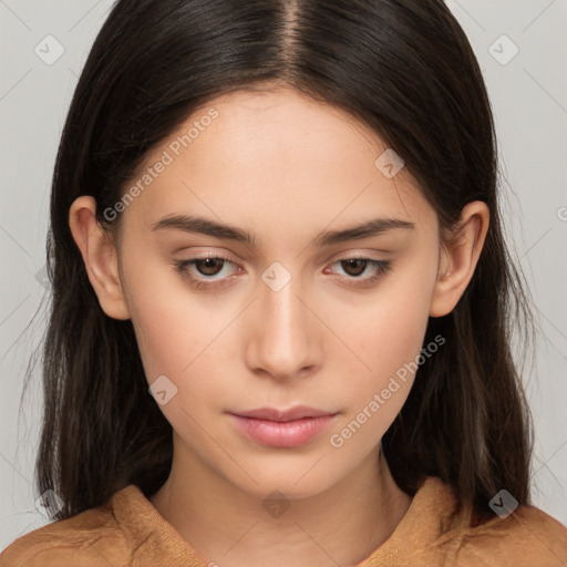 Neutral white young-adult female with medium  brown hair and brown eyes