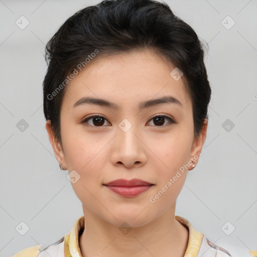 Joyful asian young-adult female with short  brown hair and brown eyes