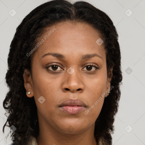 Neutral black young-adult female with long  brown hair and brown eyes