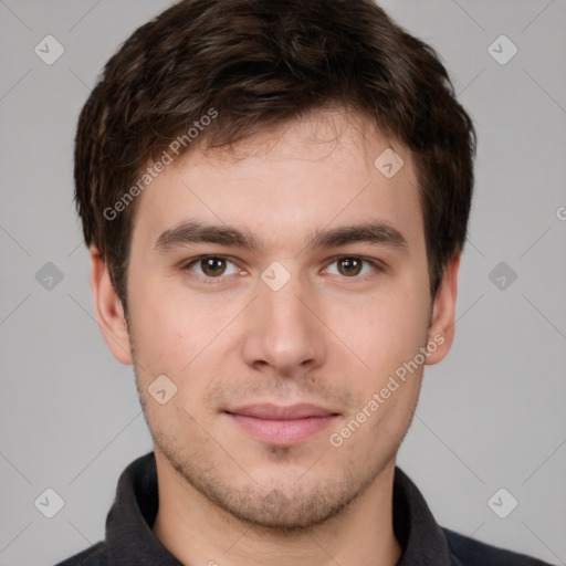 Neutral white young-adult male with short  brown hair and brown eyes