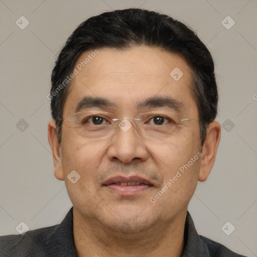 Joyful white adult male with short  black hair and brown eyes