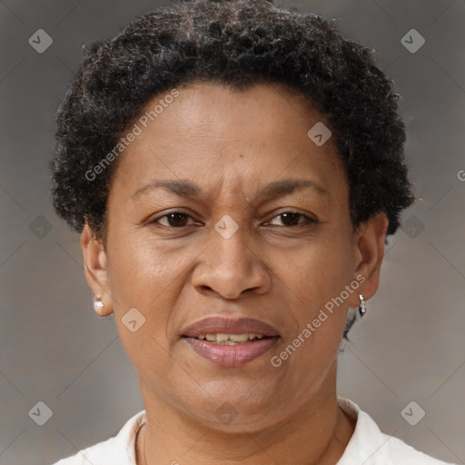 Joyful black adult female with short  brown hair and brown eyes