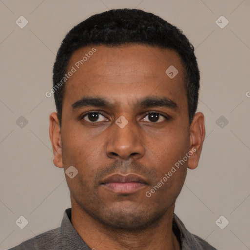 Neutral latino young-adult male with short  black hair and brown eyes