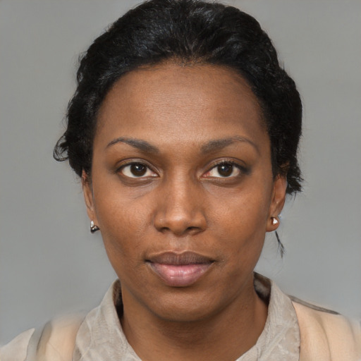 Neutral black adult female with short  black hair and brown eyes
