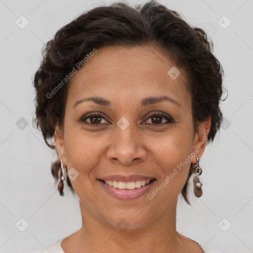 Joyful white adult female with short  brown hair and brown eyes