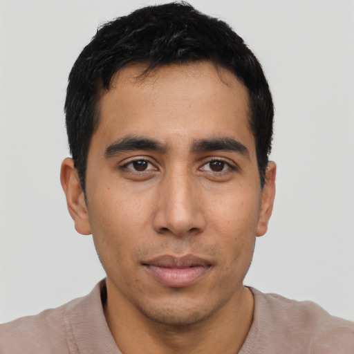 Neutral asian young-adult male with short  black hair and brown eyes