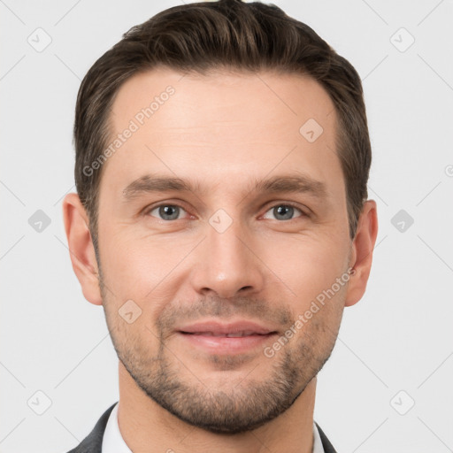 Joyful white young-adult male with short  brown hair and brown eyes