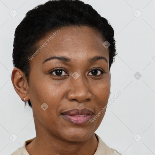 Joyful black young-adult female with short  brown hair and brown eyes