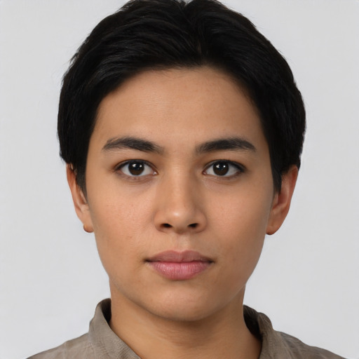Neutral asian young-adult female with short  black hair and brown eyes